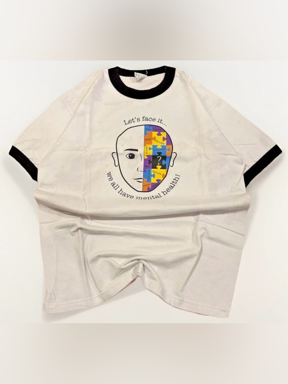 90s Mental Health Ringer T-Shirt Large Vintage Let's Face it Puzzle Medical